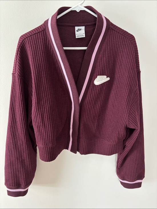 Nike Sweaters - Nike Women's Burgundy Cropped Waffle-Knit Cardigan with Pink Trim
